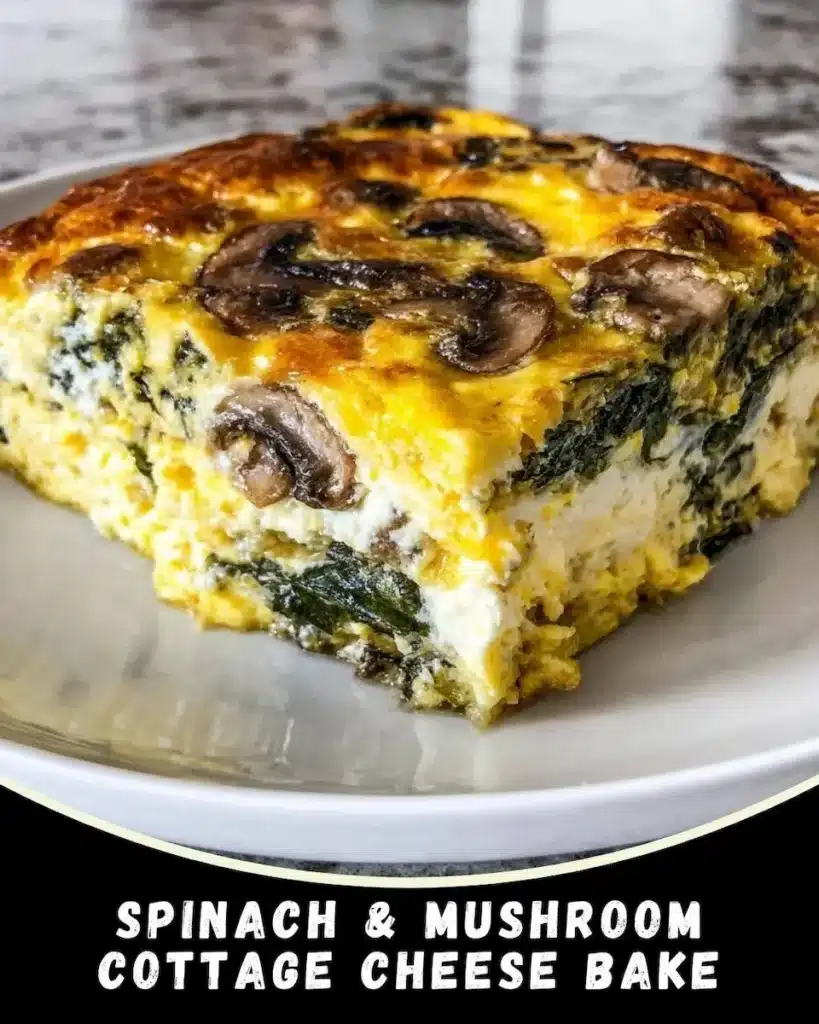 Slice of simple spinach and mushroom cottage cheese bake with golden top and tender layers