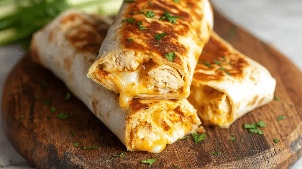 Cheesy Garlic Chicken Wraps served hot on rustic wooden plate