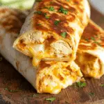 Cheesy Garlic Chicken Wraps served hot on rustic wooden plate