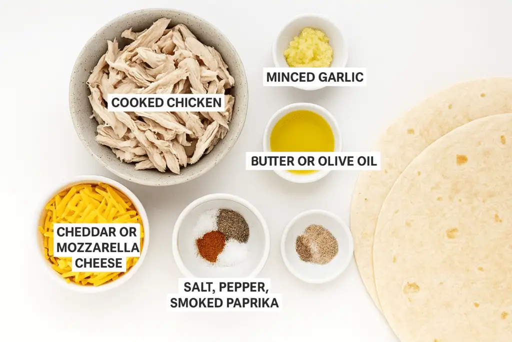 Recipe card for cheesy garlic chicken wraps with labeled ingredients