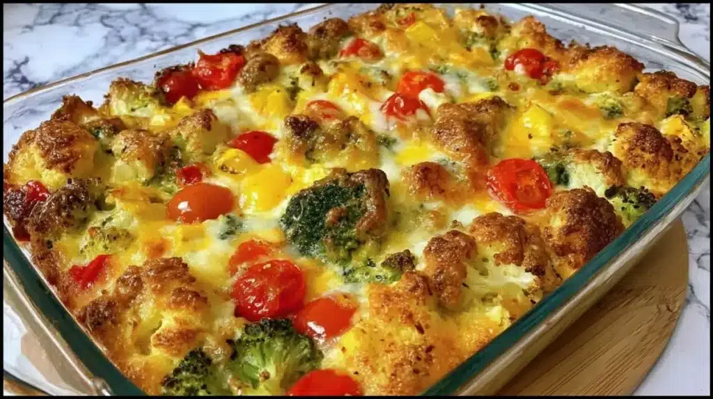 Healthy vegetable casserole for weight loss baked with broccoli, cauliflower, and bell peppers in a glass dish