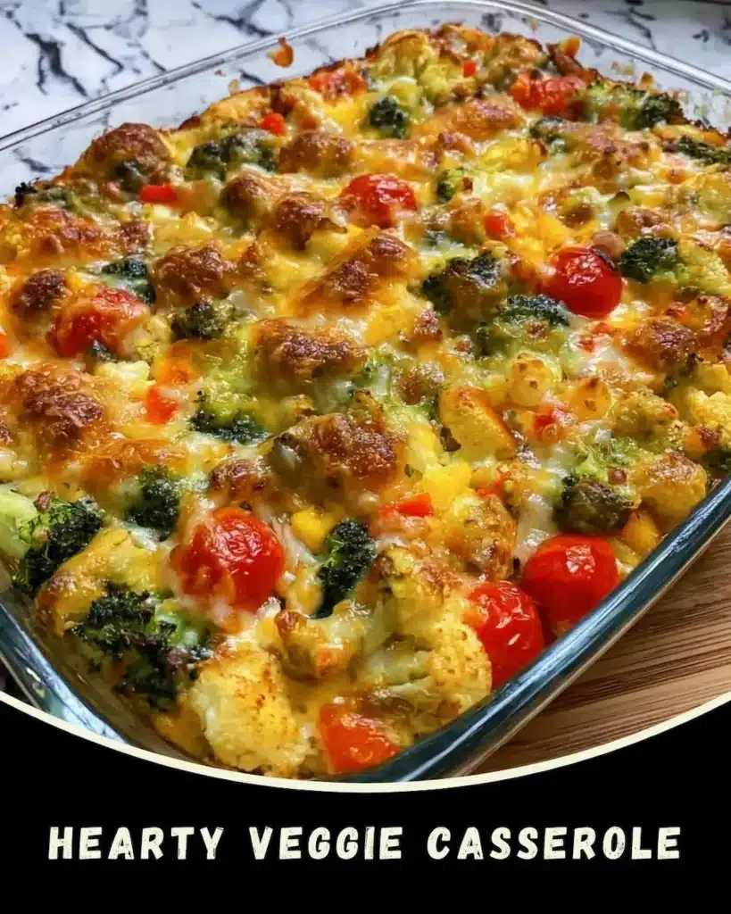 Hearty veggie casserole baked with broccoli, cauliflower, cherry tomatoes, and bell peppers for a healthy weight loss dinner