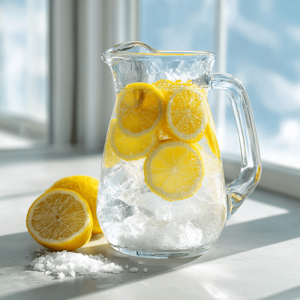 homemade electrolyte water in glass pitcher