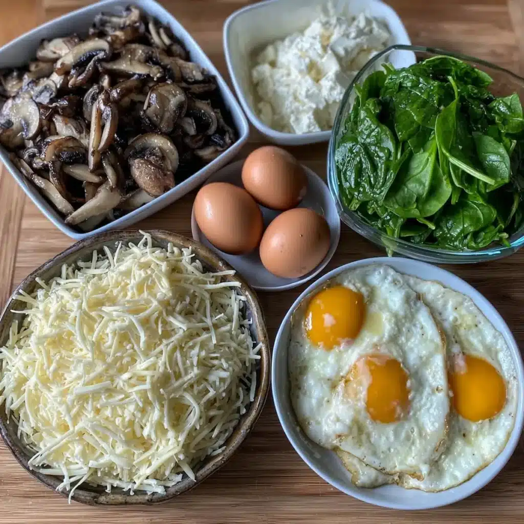 fresh ingredients for spinach mushroom cottage cheese bake