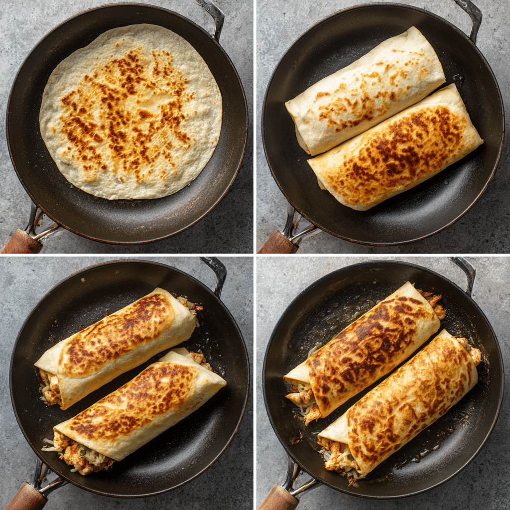 Pan-frying cheesy garlic chicken wrap in garlic butter