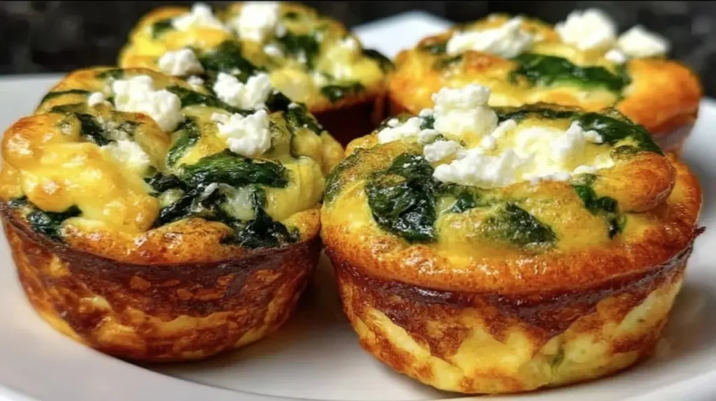 Spinach & Feta Egg Muffins freshly baked in a muffin tin