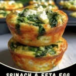 Spinach and feta egg muffins stacked on each other with golden tops and visible spinach