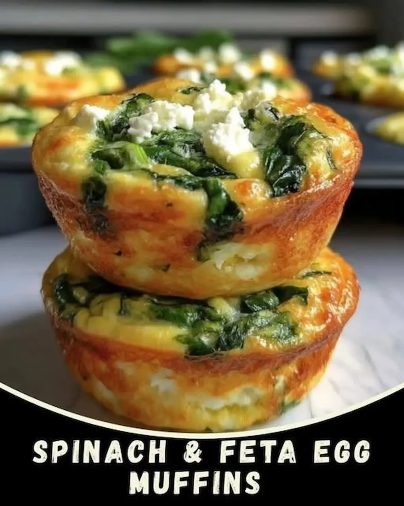 Spinach and feta egg muffins stacked on each other with golden tops and visible spinach