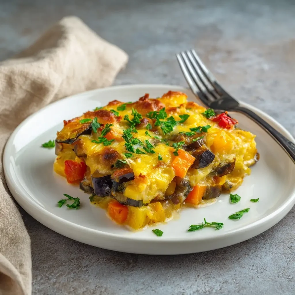Serving of healthy vegetable casserole with golden top and roasted vegetables on white plate