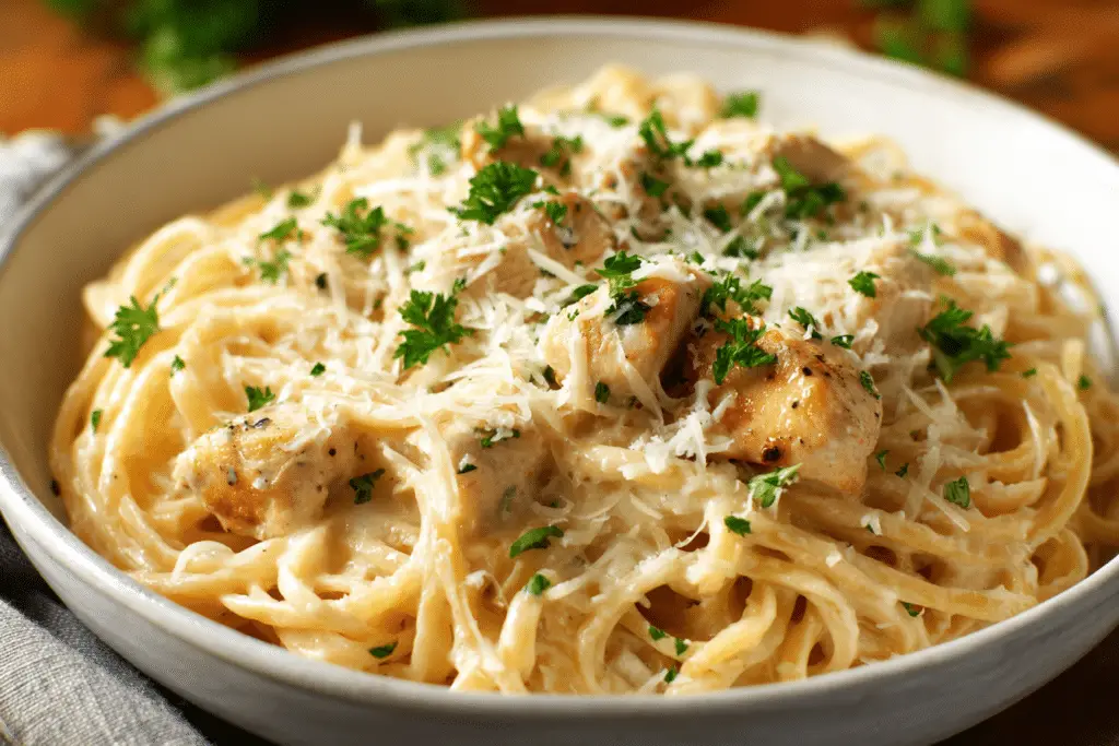 garlic parmesan chicken pasta in bowl