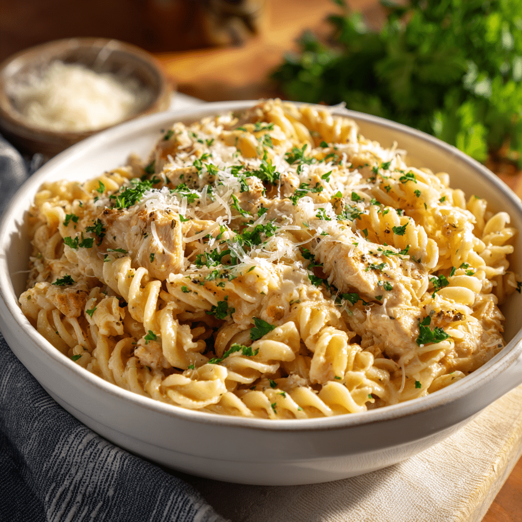 garlic parmesan chicken pasta in bowl